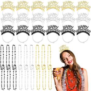 lot 958 image: VioraWhite 36 Pieces New Years Eve Party Supplies 2026 with Happy New Year Headband Tiara and Necklaces in Black, Gold and Silver - Retail $18