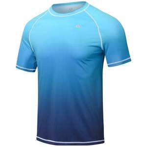lot 969 image: Satankud Rash Guard for Men UPF 50 Swim Shirt Short Sleeve Sun Shirts Beach Swimwear Fishing Hiking Workout Tee (Blue Gradient,Large) - Retail $24