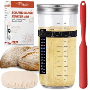 lot 974 image: Sourdough Starter Jar Kit, 650ml Sourdough Starter Jar With Thermometer, Silicone Scraper, Cloth Cover And Aluminum Lid. Reusable Sour Dough Starter Jar - Retail $10