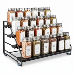 lot 976 image: AVMDOM 4 Tier Spice Rack Organizer for Cabinet, Step Adjustable Spice Shelf Seasoning Organizer with Non Slip Tiers, Expandable Metal Spice Rack for Kitchen Countertop, Pantry, Cupboard �� Black - Retail $22
