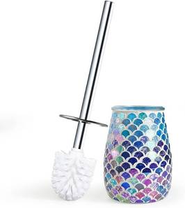 lot 977 image: Escenzy Mermaid Bathroom Toilet Brush and Holder Set Mosaic Glass  Non-Rustic Stainless Steel  Practical & Decorative Toilet Bowl Brush and Holder  Luxury Mermaid Bathroom Decor - Retail $27