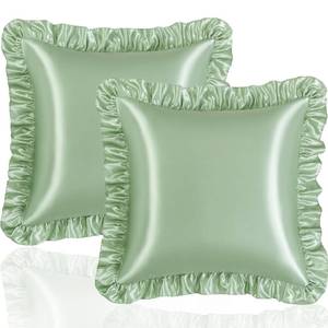 lot 982 image: Eychei Sage Green Ruffle Pillow Shams Set of 2, 18 x 18 Inch Satin Ruffle Pillow Covers for Hair and Skin, Silky Pillowcase with Envelope Closure, Anti Wrinkle Ruffled Pillowcase for Sofa, Bed - Retail $8