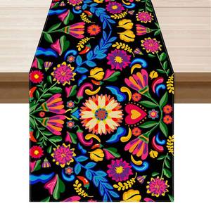 lot 995 image: XCHI Colorful Flowers Peppers Dia De Los Muertos Table Runner Cinco De Mayo Day of The Dead Table Decoration for Home Kitchen Dining Holiday Fiesta Themed Party Decor 13x90 Inch - Retail $12