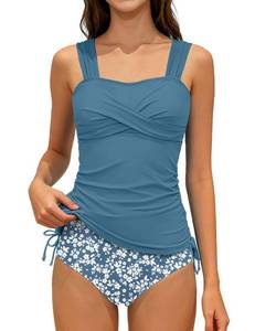 lot 18616 image: NECIOUS Teen Girls Swimsuit Size 14 16 Bathing Suits 14-16 Blue Floral Criss Cross Two-Piece Tankini Set Girls Swimwear Adjustable Wide Straps - Retail $15