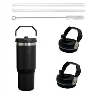 lot 18619 image: 2Pack Replacement Tumbler Lid for Stanley IceFlow 30 oz(Only) Flip Straw Lid, with 2Pcs Reusable Straws,1Pcs Cleaning Brush (Black) - Retail $14