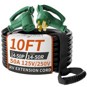 PlugSaf NEMA 14-50P/14-50R 10 FT 50 Amp RV/EV Extension Cord Outdoor with Grip Handle, 4 Prong Flexible Heavy Duty STW RV Power Cord Waterproof, 50A 125/250V 6250/12500W, Black-Green, ETL Listed - Retail: $55