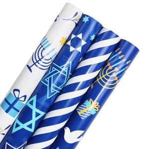 lot 18641 image: Tifeson 4 Rolls Hanukkah Wrapping Paper, Mini Roll, Chanukah Blue White Holiday Gift Wrapping Paper Menorahs, Star of David, Dreidel Stripe Design,17 Inch x 118 Inch Per Roll - Retail $3,340