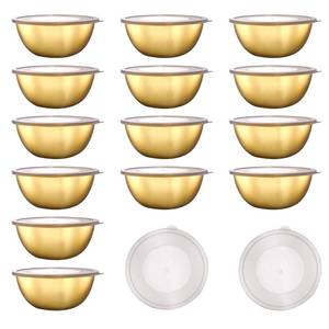 lot 18657 image: 14 Pack 6.69 inches Gold Mixing Bowls with 16 Pcs Airtight Lids Stackable Stainless Steel Soup Bowls Versatile Mixing Bowls Metal Fruit Salad Bowls Round Serving Bowl for Kitchen Cooking Supplies - Retail $36
