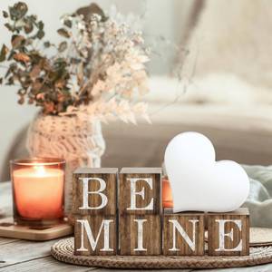 lot 18663 image: Amyhill 7 Pcs Valentines Day Decor, Neutral Rustic Wood Heart Table Decorations Farmhouse Valentine Heart Be Mine Wooden Tabletop Sign for Valentines Day Gifts Home Mantle Shelf Tiered Tray Decor - Retail $21