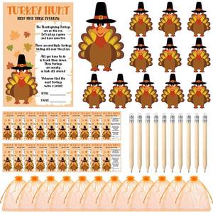 lot 18664 image: Soaoo Thanksgiving Games for Adult Turkey Hunt Game Included 25 Game Cards 50 Wooden Turkeys 20 HB Pencils and 25 Organza Bags Thanksgiving Party Favors for Family Kid Fall Party - Retail $21