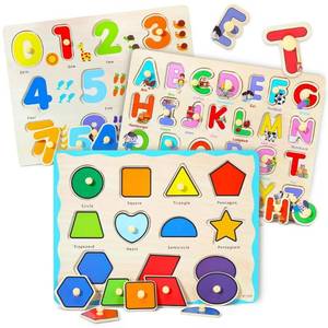 lot 18665 image: GRINNNIE Wooden Montessori Toddler Puzzles for 3 4 5 Years Old, 3 Pcs (Number, Letter, Shape) Kids Preschool Educational Peg Puzzle Set - Retail $17
