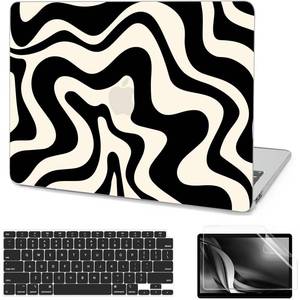 lot 18701 image: AKIT Compatible with MacBook Air 13 Inch Case M1 2022 2021 2020 2019 2018 A2337 A2179 A1932, Pattern Hard Shell Laptop CaseScreen ProtectorKeyboard Cover for Mac Book Air 13.3 Inch, Black Wave - Retail $19
