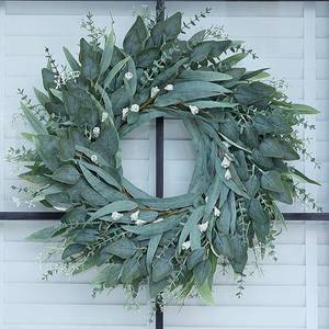 lot 18702 image: 26 Eucalyptus Wreath for Front Door - Large Artificial Greenery Outdoor Wreath for Porch, Window,Farmhouse,Home,Holiday,Hanging Decor- Spring, Summer, Fall, All Seasons (Green) - Retail $50