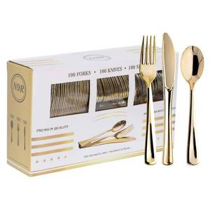 lot 18714 image: N9R 300PCS Gold Plastic Silverware, Heavy Duty Gold Plastic Cutlery Set Disposable Flatware Dinnerware, 100 Forks, 100 Spoons, 100 Knives, Perfect for Party, Wedding and Daily Use - Retail $38