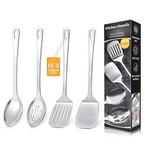 lot 18723 image: 4 Pcs Cooking Utensils Set, Stainless Steel Kitchen Utensils, Heat Resistant Metal Kitchen Tools Include Solid & Slotted Turner Wok Spatula, Serving Spoon, Ergonomic Handle, Easy to Clean, Silver - Retail $17