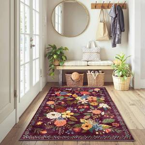lot 18737 image: Floral Machine Washable Rug, 3x5 Rug Non Slip Soft Bedroom Rugs for Entryway Dorm, Ultra-Thin Rugs for Bedroom Stain Resistan(3 x 5, Purple Lawn) - Retail $30