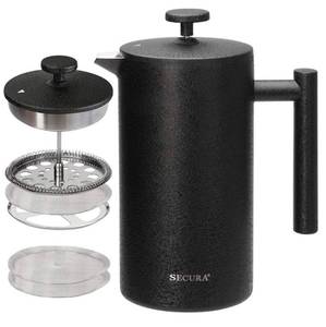 lot 18741 image: Secura French Press Coffee Maker, 304 Grade Stainless Steel Insulated Coffee Press with 2 Extra Screens, 34oz (1 Litre), Black - Retail $26