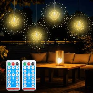 lot 18744 image: Dofulay Starburst Sphere Lights with Remote Control 120 LED Firework Light 8 Modes Wedding Decorative Hanging Lights for Party Patio Garden Warm White 4 Pack - Retail $12