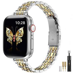 lot 18746 image: MioHHR Slim Metal Band Compatible with Apple Watch Band 42mm(Series 11 10) 41mm(Series 9 8 7) 40mm(Series 6 5 4 SE321) 38mm(Series 3 2 1),Stainless Steel iWatch Bands for Women,SilverGold - Retail $13