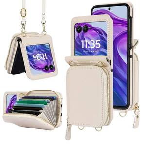 lot 18760 image: Asuwish Phone Case for Motorola Razr Plus 2025Moto Razr 60 Ultra Wallet Cover with Credit Card Holder Zipper Slot Crossbody Strap RFID Blocking Purse Cell RazrPlus Plus2025  5G Women Girls Off White - Retail $24