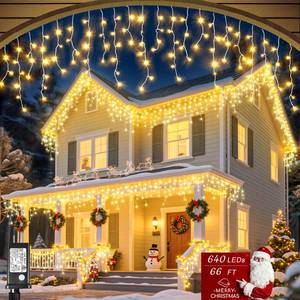 lot 18768 image: 1216 LED Christmas Lights Outdoor Waterproof, 99 ft Icicle Lights for Outside, Plug in 8 Modes Timer Twinkle Lights for House Patio Xmas Porch Tree Yard Exterior Decorations, Warm White - Retail $40
