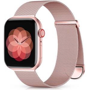 lot 18776 image: Zedoli Compatible with Apple Watch Band 40mm 38mm 41mm 42mm iWatch Bands SE Ultra Series 11 10 9 8 7 6 5 4 3 2 1 for Women Men, Stainless Steel Magnetic Mesh Loop Adjustable Metal Strap Rose Pink Gold - Retail $10