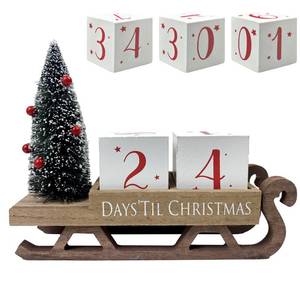 lot 18779 image: HOMirable Christmas Countdown Blocks Santa Sleigh Advent Calendar 99 Days Christmas Tree Decorations Wooden Farmhouse Rustic Sign Xmas Party Holiday D�cor for Home Living Room, Mantel, Tiered Tray - Retail $18
