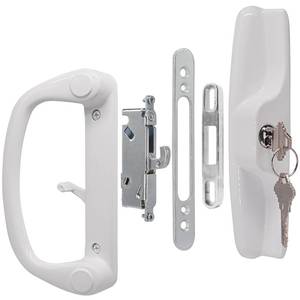 lot 18780 image: Eockatoo Sliding Glass Patio Door Handle Replacement Set with Key Cylinder and Mortise Lock 45° Keyway Pull Handles, Fits 3-1516 Hole Spacing, 1-14 to 2 Thick Doors, Non-Handed, White - Retail $35