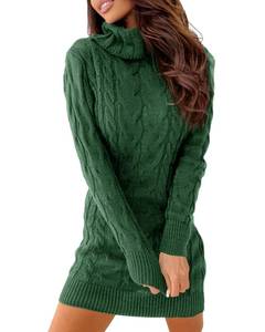 lot 18784 image: Langwyqu Womens Cable Knit Sweater Dress Sexy Long Sleeve Bodycon Turtleneck Mini Fall Sweaters Dresses Dark Green Large  - Retail $40