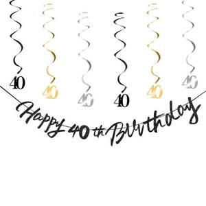 lot 18790 image: 40th Birthday Decorations for Boys Swirls Streamers Set, Hanging Vortex Happy 40th Birthday Banner for Girls, Black and Gold 40 Birthday Decor Party Bunting - Retail $5
