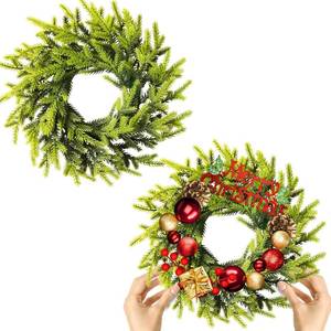 lot 18795 image: 2 Pcs Christmas DIY Gree Wreath 10 Inch Green Artificial Wreaths DIY Faux Plain Wreaths Front Door Green Farmhouse Cabinets Wreath Indoor Outdoor Wall Decor(Pine Needle) - Retail $14