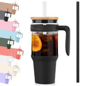 lot 18804 image: Tronco 40 oz Glass Tumbler with Handle, Bamboo Lid and Straw, Fits Cup Holders, Reusable Glass Water Bottles for Iced Coffee and Smoothie, Lead-Free, BPA-Free - Retail $20