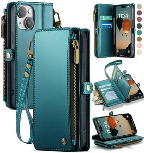 lot 18837 image: Defencase Compatible with iPhone 13 Case Wallet with RFID Blocking Card Holder for Women Men, Fashion PU Leather Magnetic Snap Flip Zipper Strap Wallet Phone Case Fit for iPhone 13 6.1, Blue Green - Retail $25