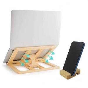 lot 18850 image: Skoioje Wooden Laptop Stand for Desk with Free Phone Holder, Foldable and Adjustable Ergonomic Laptop Riser for 10-15.6 Inch Notebooks, Portable MacBook Stand (Natural Wood, Universal Fit) - Retail $17