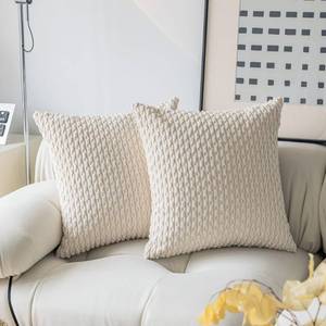 lot 18852 image: Kevin Textile Pillow Covers Decorative Set of 2 Striped Corduroy Plush Velvet Pillowcases Boho Cushion Cover for Couch 18x18 Inch Cream - Retail $12