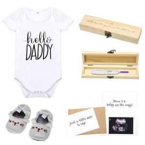lot 18873 image: Jiuguva Surprise Pregnancy Announcements for Dad and Husband Pregnancy Test Keepsake Box Wooden Announcement Box Hello Daddy Bodysuit Infant Shoes Reveal Card Envelope Gift Sets for Partner - Retail $20