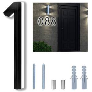 lot 18878 image: Backlit LED Home Address Numbers, 8 Inch House Numbers, Stainless Steel Hand-Polished Waterproof for House Address Signs, Lighted House Numbers for Outside Modern, Low-Voltage, Yard, Shop (1, Black) - Retail $35