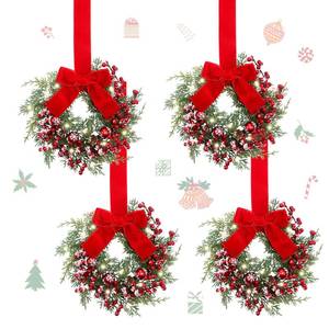 lot 18887 image: Hoteam 4 Pcs 9 Mini Decor Wreaths Small Cabinet Wreath with Rustic Bow Outdoor Decorations for Porch Window Farmhouse Decor(Bells and Red Berries) - Retail $33