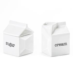 lot 18896 image: SUGAR MISSING LID Ceramic Sugar and Creamer Set, Milk Carton Shaped White Cream Jug and Sugar Bowl with lid - Retail $14