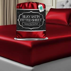 lot 18940 image: DECOLURE Satin Fitted Sheet Queen Size (1 PC) �� Luxuriously Smooth & Softer Than Silk Bed Sheets w 15 Inch Deep Pocket Hypoallergenic Wrinkle Free, Secure Snug Fit, Elastic Corner Straps (Red) - Retail $18