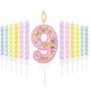 lot 18942 image: ONLY SIX SPIRAL CANDLES MTLEE Number 9 Birthday Candle with Spiral Candles for Girls Macaron Pastel Rainbow Unicorn Pink Cake Topper for Sweet Theme Party Decoration - Retail $8