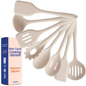 lot 18956 image: Non-Toxic Platinum Silicone Kitchen Utensil Set of 8 �� Non-Scratch Cooking Spoons & Spatulas, 100% Plastic Free, Stainless Steel Core, Heat Resistant 500°F, Beige - Retail $40