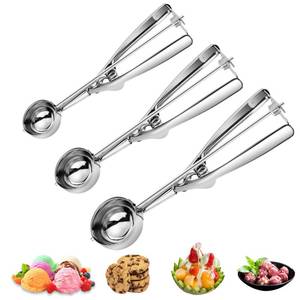 lot 18958 image: TWO PIECES 2PCS Ice Cream Scoop,Premium cookie scoop set,SmallMediumLarge stainless steel Scoops,Professional Ice cream Scooper with Trigger Release for Baking, Cookie, Fruit and Ice Cream by AOULELA - Retail $9