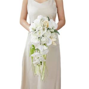 lot 18962 image: Gkvszy 9.5 Inch White Cascade Bridal Bouquet for Bride with Artificial Rose Phalaenopsis Flower and Pearls Cascading Bridal Bride Wedding Bouquet Flower Wedding White and Champagne - Retail $39