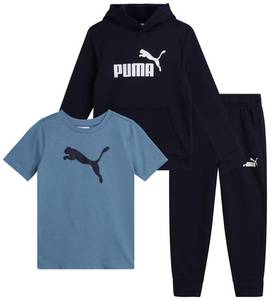 lot 3561 image: PUMA Toddler Boys Pants Set - 3 Piece Active T-Shirt, Fleece Hoodie Sweatshirt, and Jogger Pants Set for Little Boys Size 5, Navy Blue - Retail $42