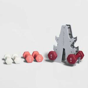 lot 3621 image: Basic Hand Weight Set PinkWhiteMagenta - All In Motion Iron Dumbbells with Rack - Retail $50