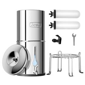 lot 3655 image: 2.25G Gravity Water Filter System with NEW Water Level Window, 3-Stage 0.01�m Ultra-Filtration Stainless Steel Countertop System with 2 Ceramic Filters and Stand, Reduce 99.9% Chlorine - Retail $110