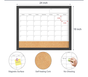 lot 3658 image: Monthly Calendar Dry Erase Board for Wall, 24x18 Whiteboard with Black Wood Framed, Magnetic White Boards, 2in1 White Board Cork Board Combo - Retail $20