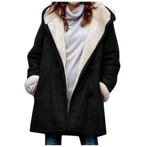 lot 3757 image: AIMOURI Windproof Sherpa Lined Outerwear for Women Winter,Fleece Hooded Overcoat with Pockets, Warm and Thicken Parka Jacket Outdoor (Black, L) - Retail $40