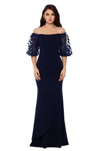 lot 3788 image: Xscape Womens Illusion Sleeve Off The Shoulder Long Dress Navy, 8P